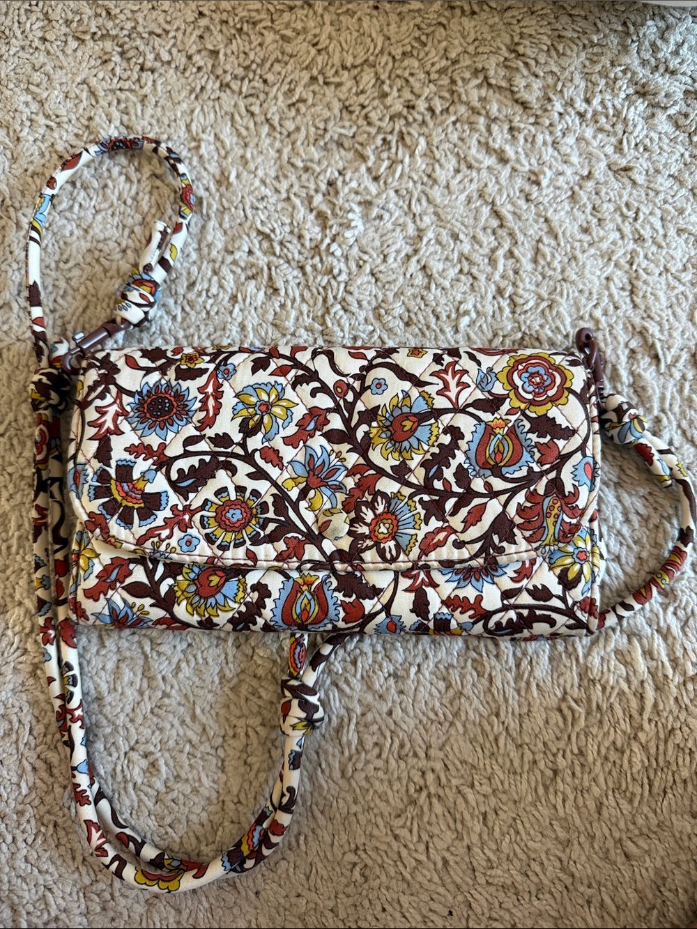 Vera Bradley Quilted Crossbody Wallet in Cream and Brown